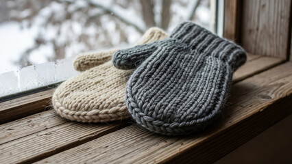 Wool mittens on windowsill, symbol of cozy winter moments