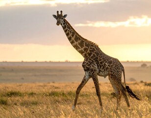 Tall giraffe traversing savanna plain at sunrise, warm light