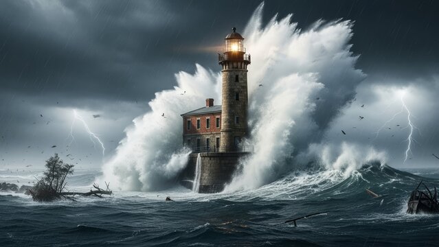 Dramatic Lighthouse Battling Stormy Seas and Lightning Strikes.