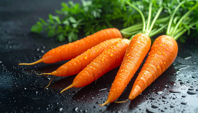 Four fresh carrots with green tops and water droplets on a dark wet surface root vegetable