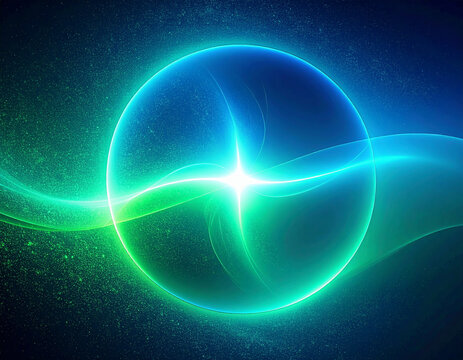 Glowing Blue and Green Sphere with Light Rays and Particles on Dark Background abstract