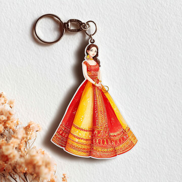 indian dress miniature key chain souvenir, red and yellow colored women's sare miniature complete with gold embroidery details vory white background, ai generated images