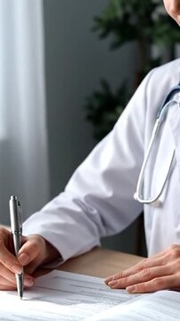 Doctor in White Coat Writing Patient Information on Clipboard in Clinic Office with Green Plant and Natural Light for Medical Documentation or Healthcare Services 190 Character