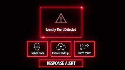 Identity Theft Detected response notification on digital interface in data center server room with isolate node initiate backup patch route options. glowing neon lights cybersecurity hacking Warning