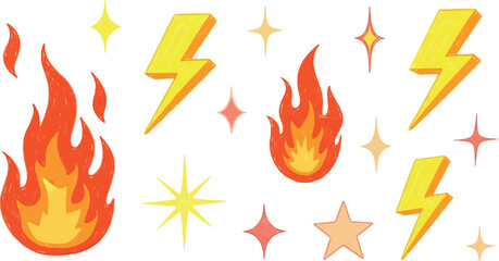 Cartoon fire flames, lightning bolts, and sparking star set