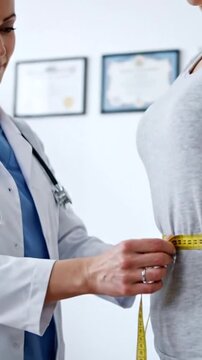 Doctor Measuring Woman's Waist with Yellow Tape Measure in Clinic Setting Under Bright Lighting Doctor in White Coat Measuring Patient's Waistline in Medical Office Space Assessment of Weight Loss
