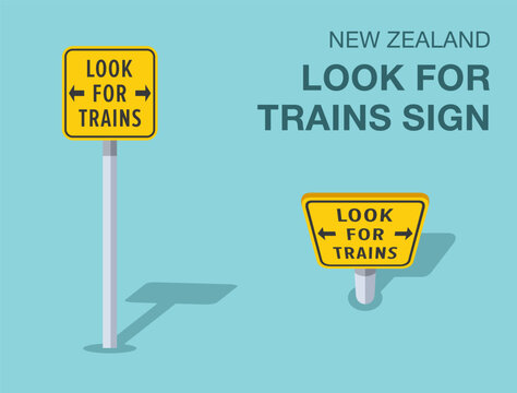 Traffic regulation rules. Isolated New Zealand "look for trains" road sign. Front and top view. Flat vector illustration template.