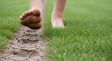 A close-up of bare feet transitioning from dry, cracked earth to vibrant green grass, symbolizing a journey or a fresh start in nature