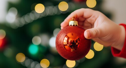 Child's hand holding a red Christmas ornament with a blurred festive tree in the background, evoking holiday cheer and seasonal celebration