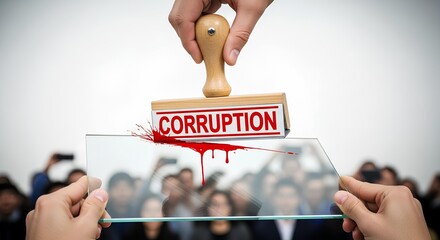 The heavy mark of corruption A hand stamps 'CORRUPTION' in red ink onto a glass, blood-like drips falling over a blurred crowd, symbolizing societal decay and unethical impacts