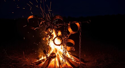 Campfire Cooking A Rustic Scene with Pots and Flames at Night