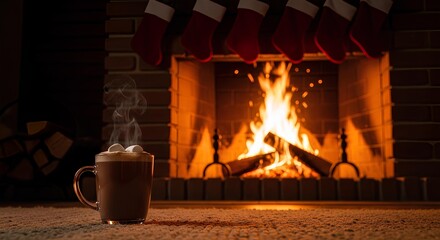 Cozy Christmas Fireplace Scene Warm Drinks, Festive Stockings, and Holiday Comfort