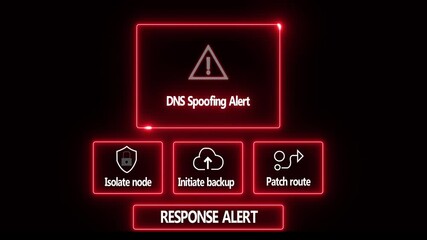 DNS Spoofing Alert response notification on digital interface in data center server room with isolate node initiate backup patch route options. glowing neon lights cybersecurity hacking warning - Powered by Adobe