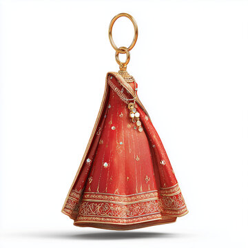 Indian traditional dress keychain, miniature women's sari dress in red and gold, decorated with small embroidery motifs and imitation gems, ai generated images.