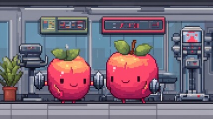 Cheerful cartoon apples lifting weights in a bright gym setting with modern exercise equipment and a fun, vibrant atmosphere