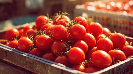 tray. Close-up of a summer market tray filled with bright red tomatoes, evoking freshness and abundance. menu design, packaging mockups, designed for culinary blogs and recipe cards for restaurants.