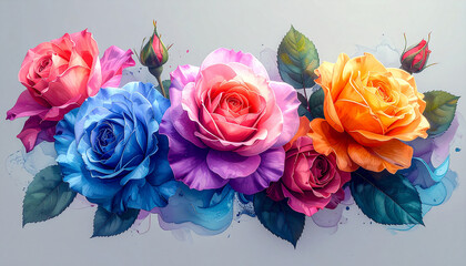 Horizontal arrangement of multi-colored roses with watercolor paint splashes on a light background