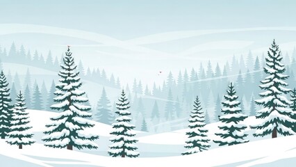Fototapeta premium Winter landscape illustration with snow-covered fir trees against a backdrop of rolling hills and a hazy sky.