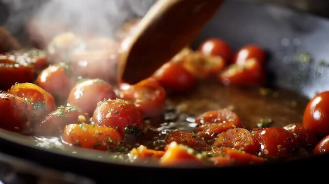Fresh tomatoes sauteed in a pan with herbs creating a deliciously fragrant dish ready for serving in a cozy kitchen setting