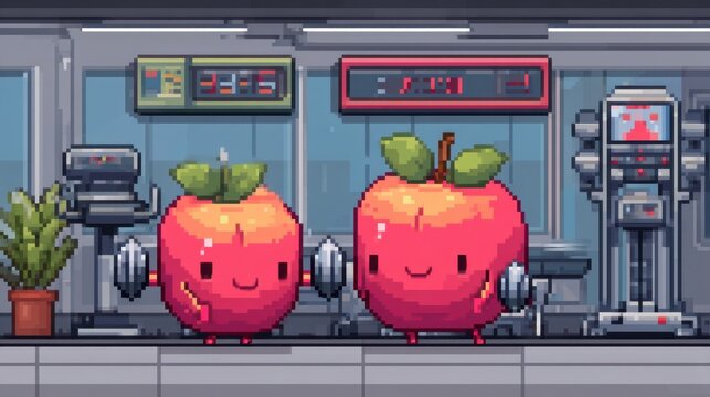 Cheerful cartoon apples lifting weights in a bright gym setting with modern exercise equipment and a fun, vibrant atmosphere - Powered by Adobe
