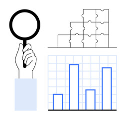 Data analysis concept. Data tools thumbs up magnifying glass, puzzle pieces, and bar chart highlight research and analytics. Data essential in business, strategy, decision-making, and visualization