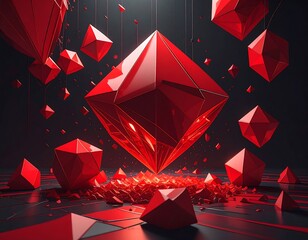 Geometric red shards float and explode against dark background