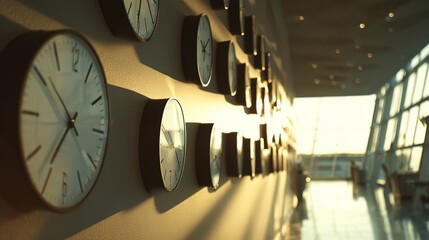 tock. A wall of clocks showing different time zones with long shadows from moving sunlight. travel magazines, destination branding, designed for outdoor magazines and nature guides.