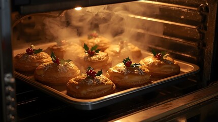 A baking tray of freshly baked, rounded pastries, each decorated with holly and snowflakes, steaming inside a dark oven.