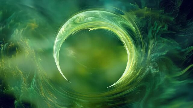 Green crescent moon transforming with spiraling patterns in an ethereal environment