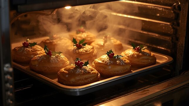 A baking tray of freshly baked, rounded pastries, each decorated with holly and snowflakes, steaming inside a dark oven. - Powered by Adobe