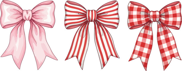 Three decorative fabric bows, pink, red striped and red checkered