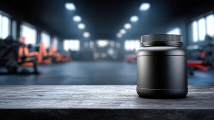 Promoting Fitness With Protein Powder on a Dark Metal Table in a Gym Setting
