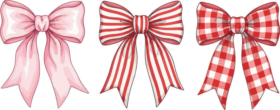 Three decorative fabric bows, pink, red striped and red checkered