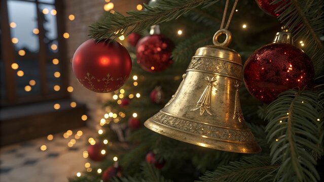 h, while strings of glossy red beaded garland intricately weave through the needles. Small, warm string lights twinkle throughout the branches, and a subtle red bauble