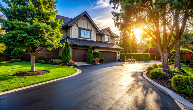 Luxury suburban house with a winding driveway and manicured landscaping at sunset home residential - Powered by Adobe