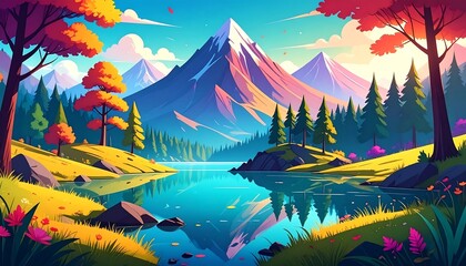 Vibrant mountain landscape with serene lake reflections and stylized forest