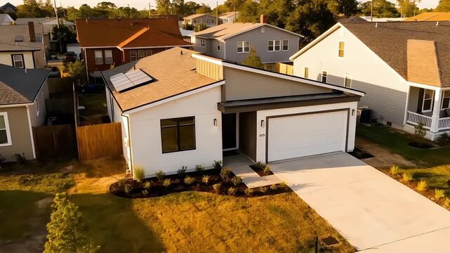 Cinematic Aerial Drone View of a Modern Newly Built Family Home with Clean Landscaping and Welcoming Lighting
