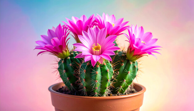 Multiple Pink Cactus Flowers Blooming on a Green Succulent with Pastel Background pink flowers - Powered by Adobe