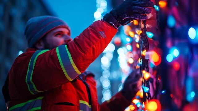 Man decorating outdoor Christmas lights, preparing for the holiday season celebration