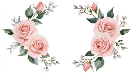 wreath. Watercolor wreath with pink roses, delicate floral frame on white background. gardening catalogs, home-decor guides, designed for home decor and floral branding, celebrates nature.