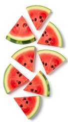 Bright Red Watermelon Slices Scattered Across a Clean White Background Creating a Refreshing Summer Fruit Pattern - Overhead View of Juicy Tropical Produce Ready for Healthy Eating and Hydra