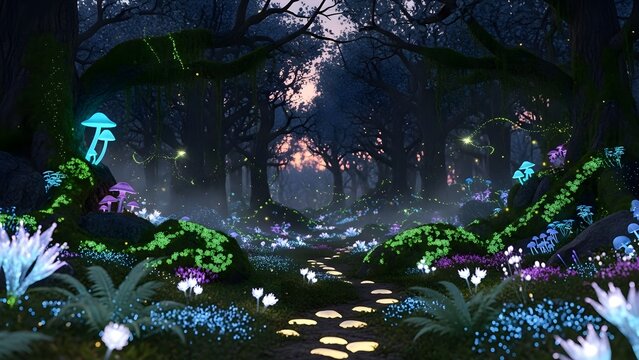 Enchanted forest path with glowing mushrooms and fireflies digital art wallpaper background landscape - Powered by Adobe