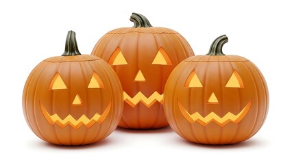 Fototapeta premium High Quality 3D Render Of Three Classic Orange Jack-O-Lanterns Grouped Together And Glowing Warmly Against A Crisp White Background Perfect For Autumn And October Holiday Advertising