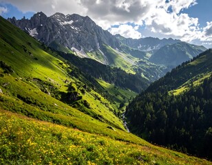 Fototapeta premium Majestic mountain vista, sunlight illuminating a lush valley and rugged peaks, under a cloudy sky