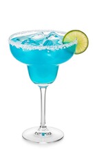 Refreshing Blue Margarita Cocktail Served In A Classic Glass With A Beautiful Salted Rim And Cubes Of Ice Garnished With A Bright Green Lime Slice Isolated On Pure White Studio Background Fo