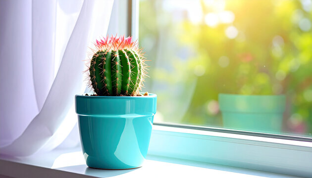 Potted Cactus with Pink Flowers on a Windowsill with White Curtains and Sunlight cactus, potted plant