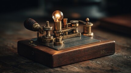 morse. Vintage telegraph key on wooden desk illuminated by a single light source. product launch decks, UI/UX mockups, designed for product launches and innovation pitches, used by graphic designers.