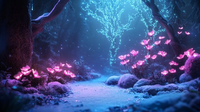 Magical Forest Path with Glowing Pink Flowers and Blue Lights - Powered by Adobe