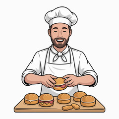 A lively illustration of a cheerful chef crafting delicious burgers with a smile, showcasing the passion for cooking and the joy of creating tasty meals in a vibrant kitchen.