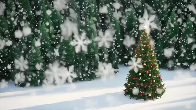 Festive Christmas Tree Outdoors in Snowy Winter Scene with Lights and Ornaments